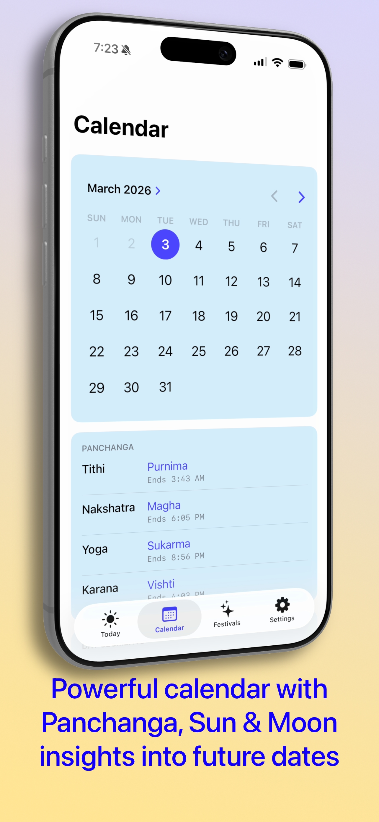 Monthly calendar view with selected date and Panchanga insight